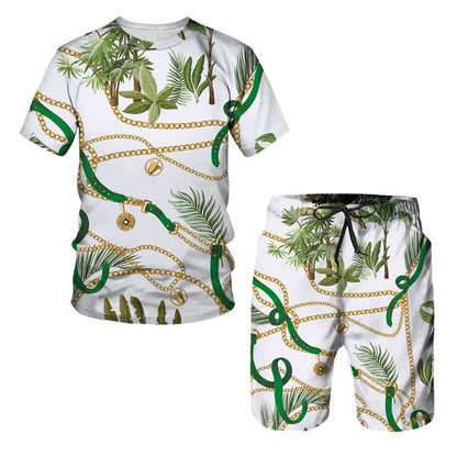 Man wearing a chain pattern digital printed short sleeve T-shirt with matching shorts, summer leisure set.