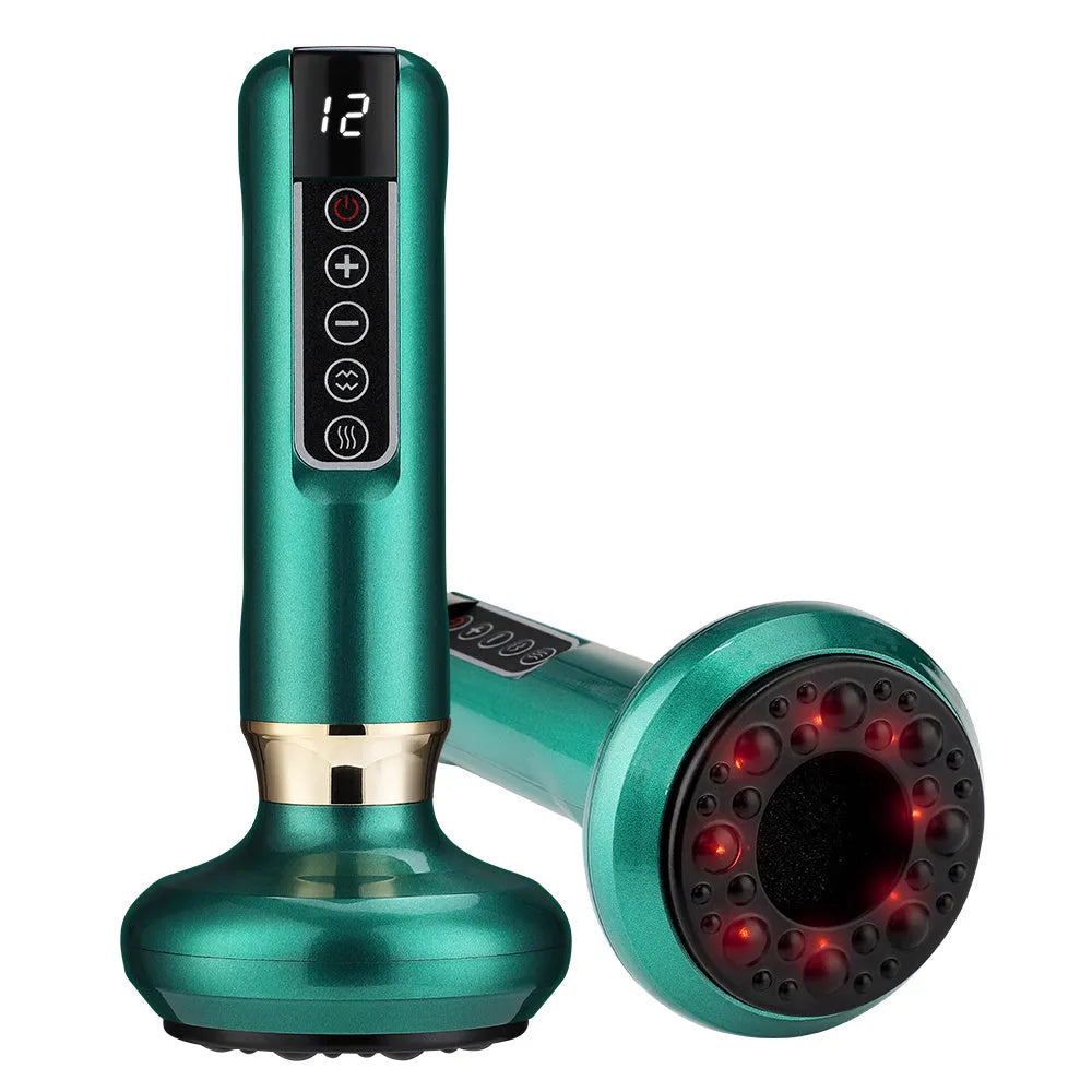 Green electric vacuum cupping massager with adjustable suction and infrared heating functions