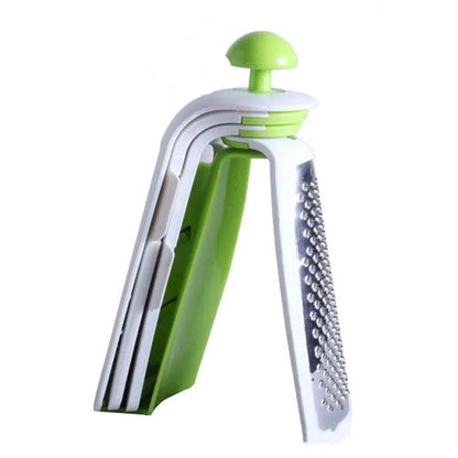 Red collapsible stainless steel kitchen grater shown open and folded flat for storage