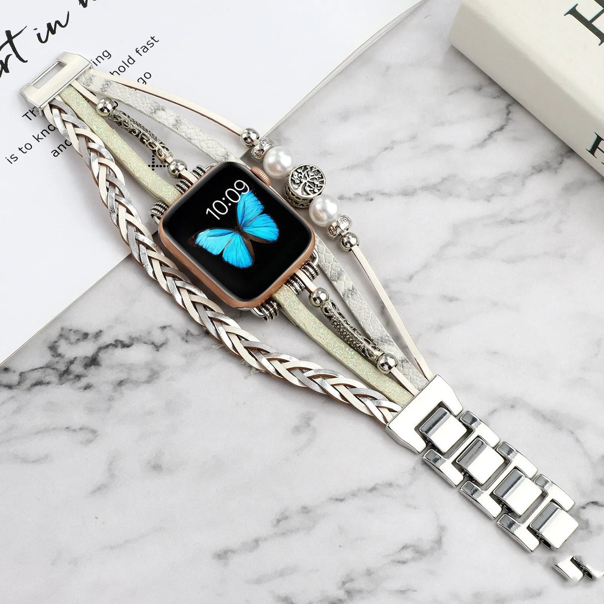 Vintage metal leather beaded watch strap for Apple Watch in 38mm to 45mm, shown in Silver, Beige, Black or Pink
