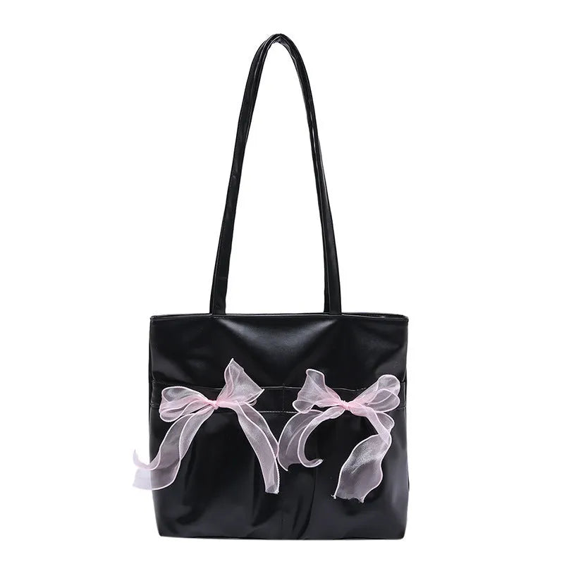 College style bow tote bag in black PU leather with double shoulder straps and bow detailing