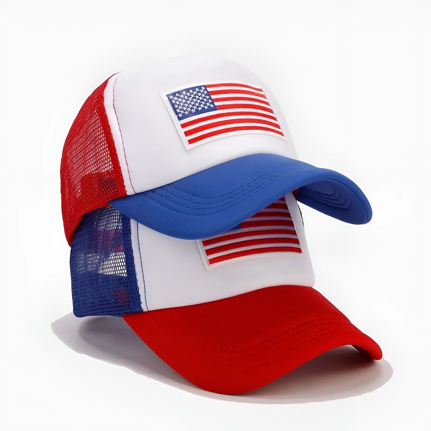 Red and blue contrasting colour breathable mesh baseball cap with adjustable strap