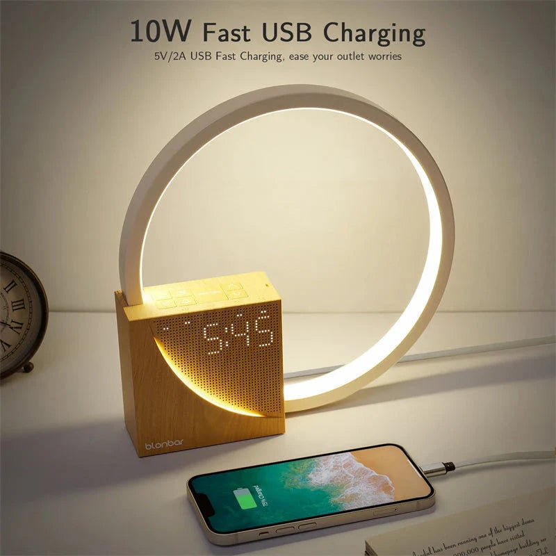 Multifunctional alarm clock bedside lamp with natural sounds, touch control, and 3-level brightness for a relaxing sleep and productive morning routine