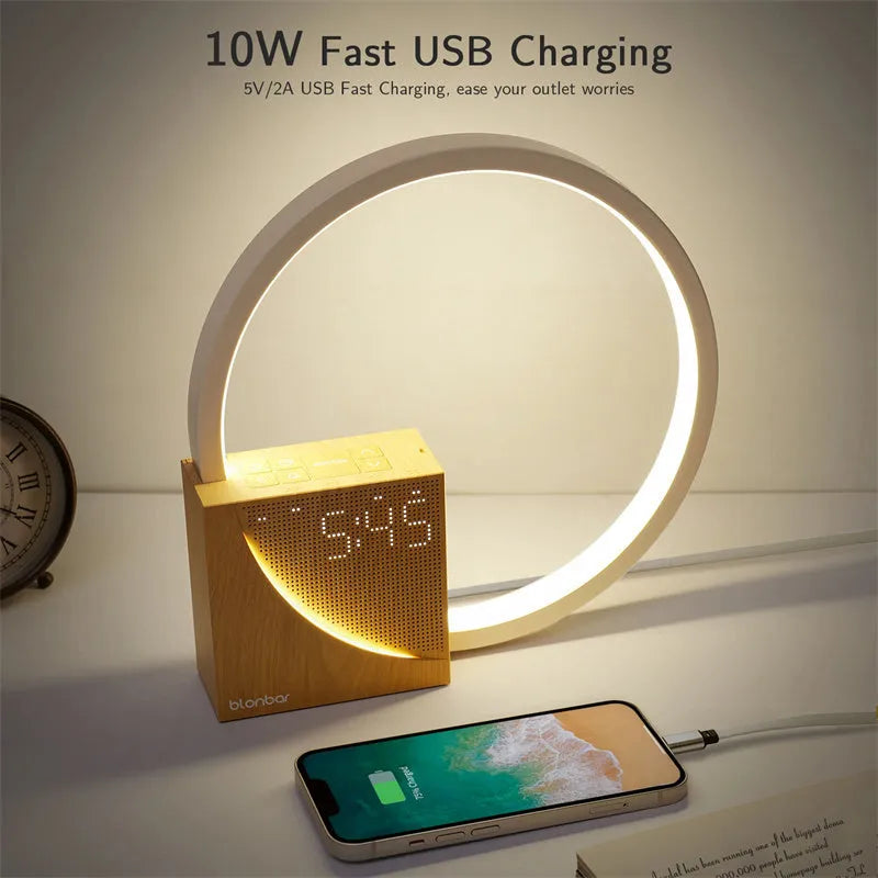 Bedside lamp touch table lamp with natural sounds, desk lamp with alarm clock, touch control 3 levels brightness, home decor in navy blue or wooden finish, multifunctional LED night light with wake-up light, 10 natural sounds, 225x51x228mm creative design