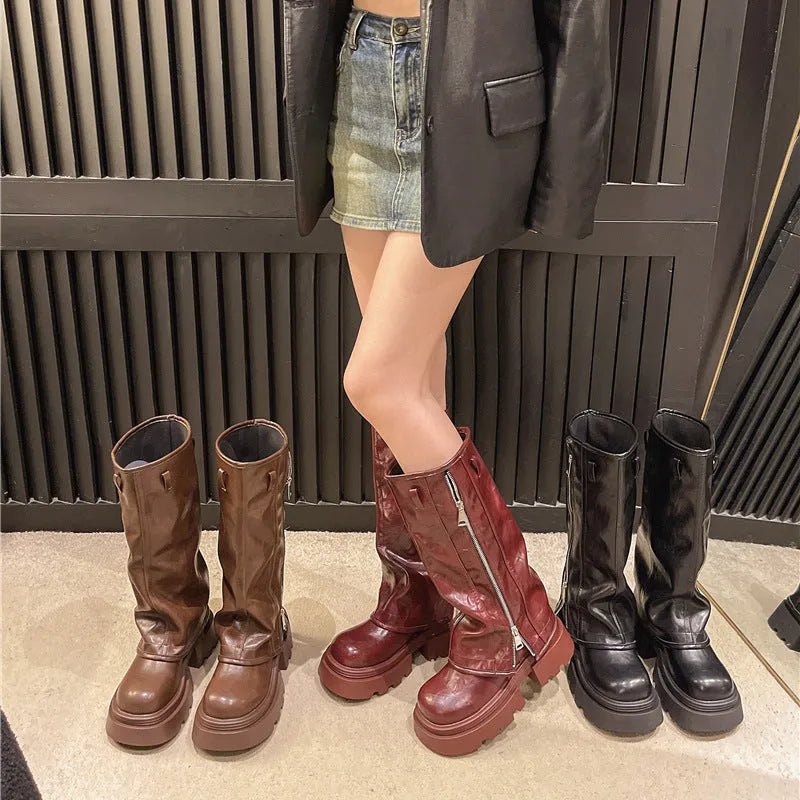 Platform muffin pants Martin boots with square heel and high cylinder socks in black, brown or wine red
