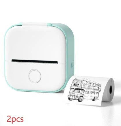 Compact Bluetooth-enabled thermal label printer in white, pink, and green colors with various label options