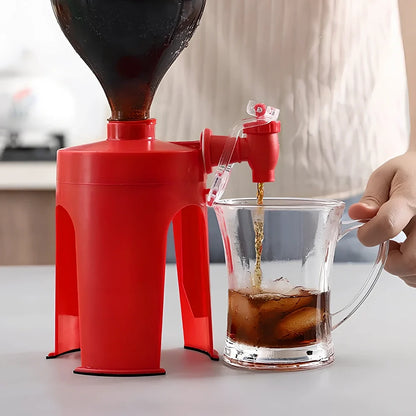 Red automatic soda dispenser gadget attached to beverage bottle for hands-free pouring