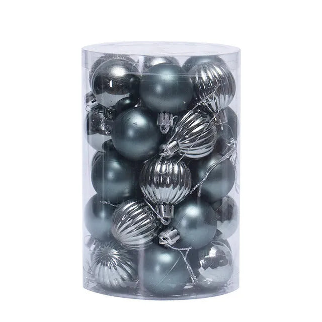 Assortment of 34 round 4cm plastic Christmas baubles in gold, silver, red, blue, and other colours.