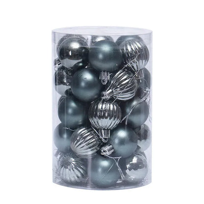 Assortment of 34 round 4cm plastic Christmas baubles in gold, silver, red, blue, and other colours.