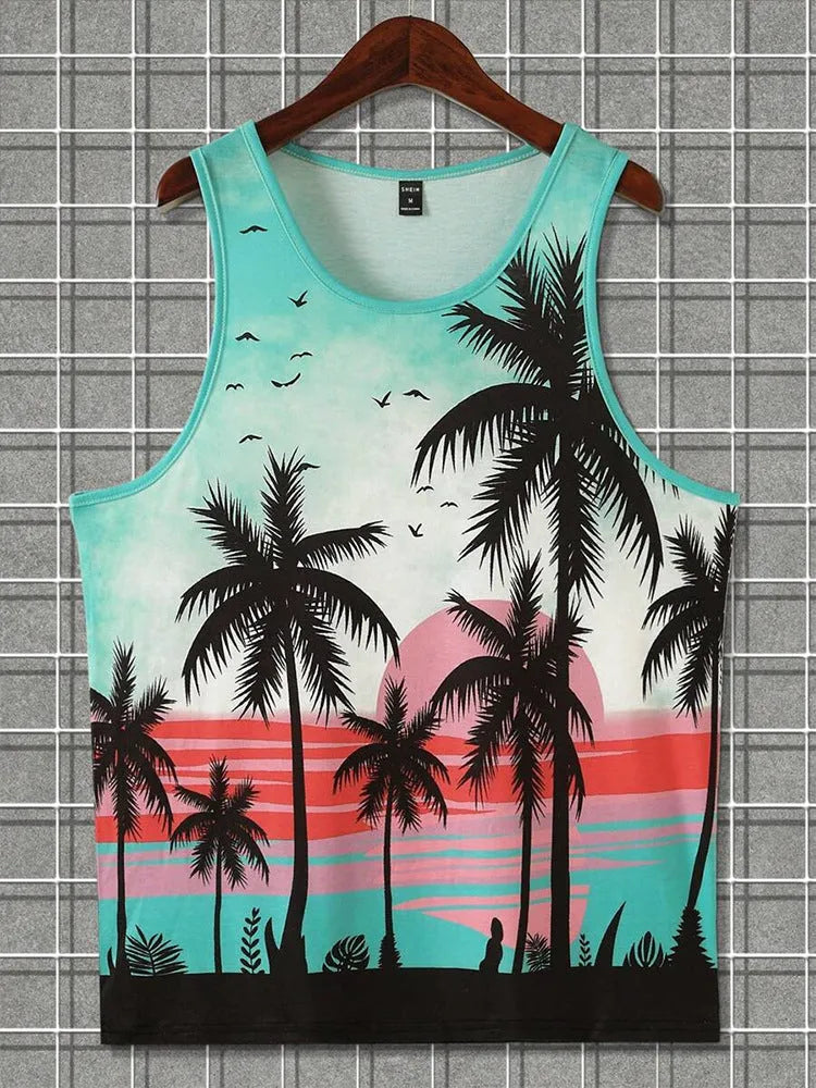 Men's 3D printed sleeveless vest in solid colour Hawaiian style