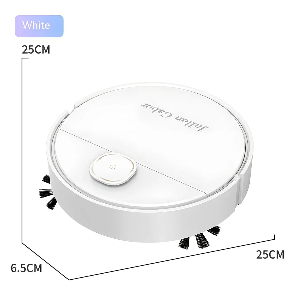 White automatic sweeping robot vacuum cleaner, 25x25x6.5cm, USB charged for 120-minute runtime on 90-120 square metre floors