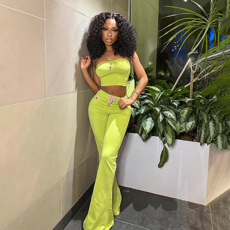 Women's summer two-piece set with embroidery tube top and high-waist bell-bottom pants