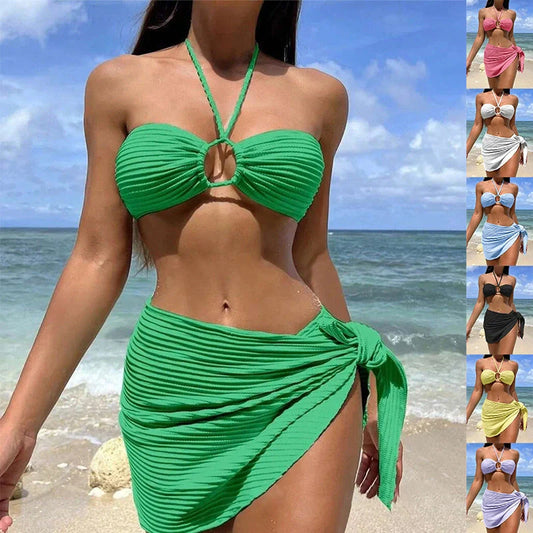 Women's 3-piece solid colour stripe swimsuit set in various colours