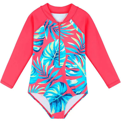 Girl's long-sleeve one-piece swimsuit in briefs style for swimming and wading