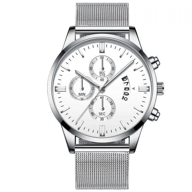 Men's stainless steel mesh band quartz watch with analog dial on a wrist.