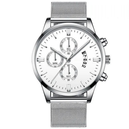 Men's stainless steel mesh band quartz watch with analog dial on a wrist.