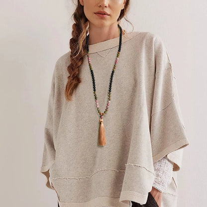 Handmade long necklace with geometric gemstone pendant and tassel on a ball bead chain