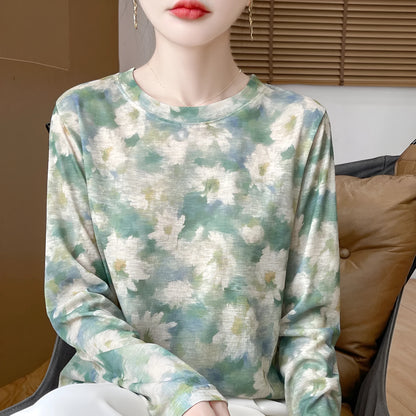 Women's round neck floral print pullover in Tencel cotton fabric, shown in a colourway from the range of five designs.