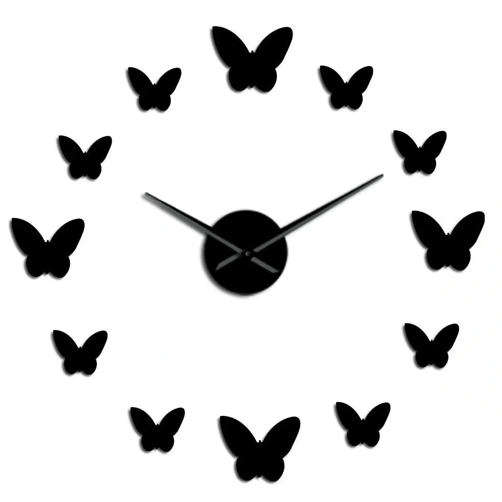 Round 30cm mirror wall clock with raised butterfly design showing time display
