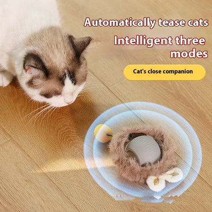 Silicone rolling ball cat toy showing red, green, and grey colour options with self-hi motion mechanism
