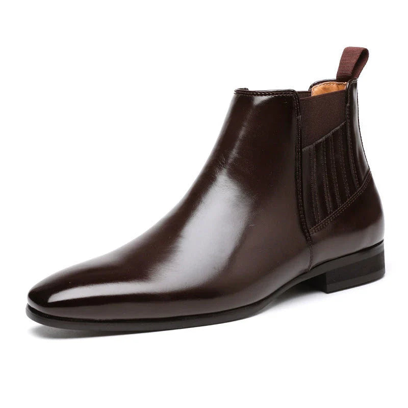 Sleek and sophisticated men's Chelsea boots with pointed toe and square heel design in black and brown colors
