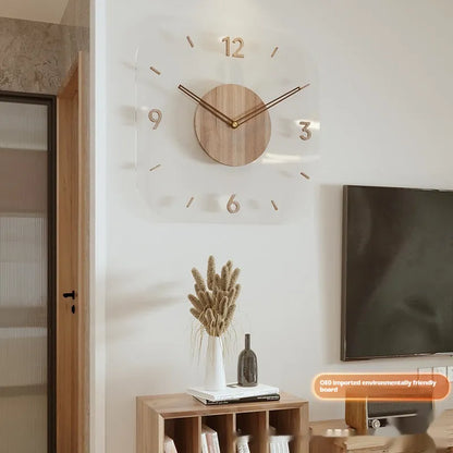 Transparent wooden frame wall clock with modern design in 35cm square size