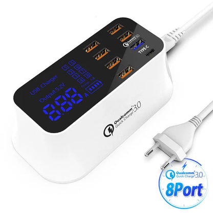 Ceramic white smart USB charger with digital display and multiple ports including QC3.0 fast charging