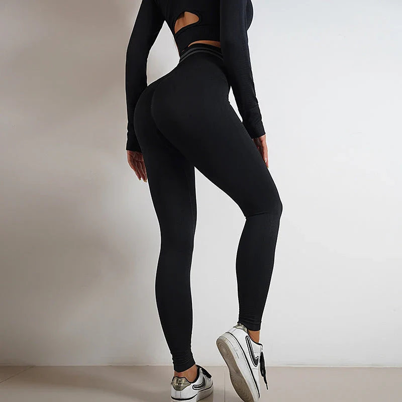 Seamless yoga leggings and long sleeve workout tops in various colors and styles