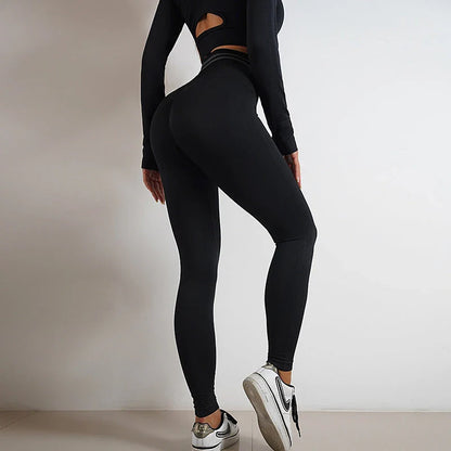 Seamless yoga leggings and long sleeve workout tops in various colors and styles