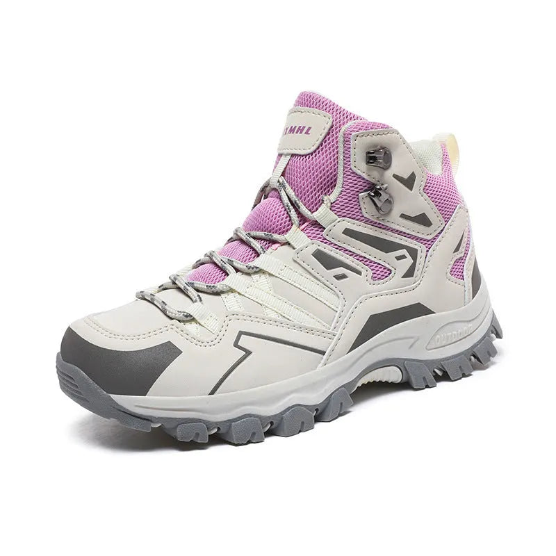 High-top hiking shoes in flannel with natural rubber sole, shown in colour options for outdoor wear.