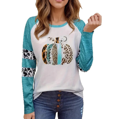 Sky blue long sleeve t-shirt with a large 3D printed Halloween pumpkin design on the front.