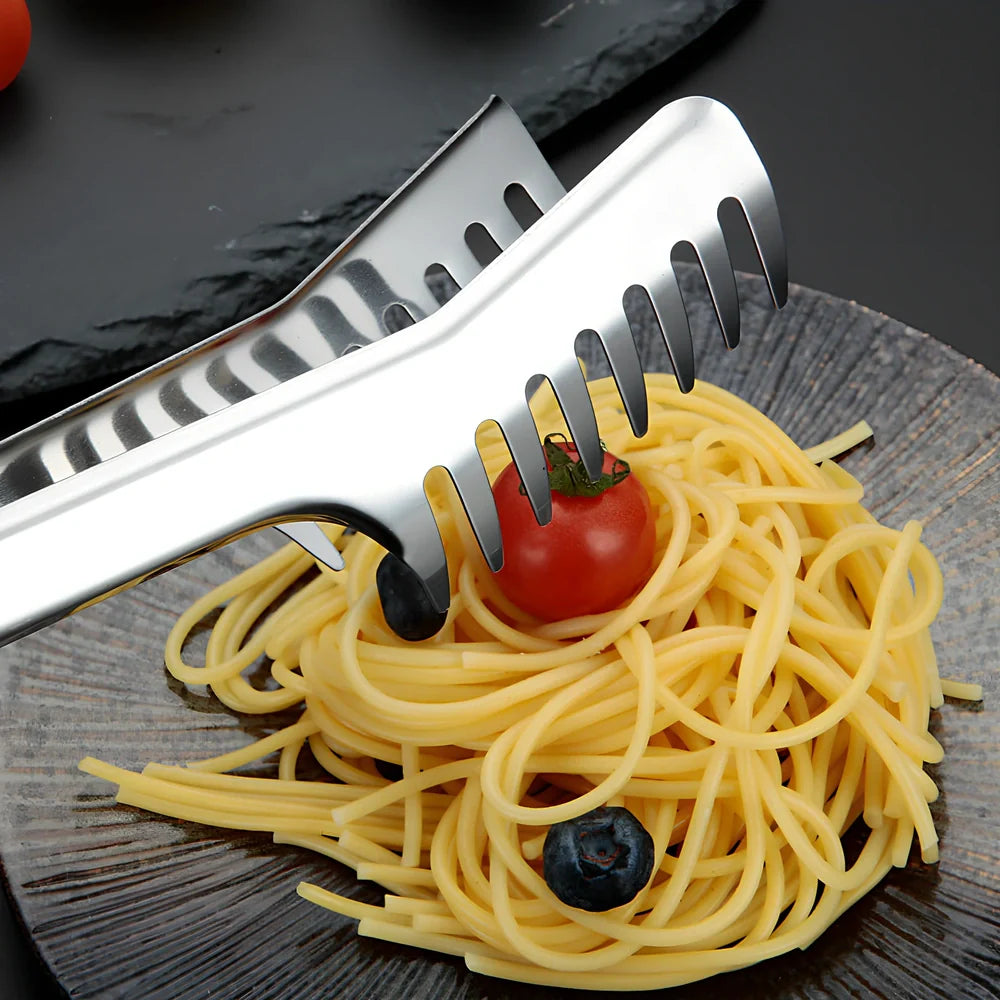 23cm stainless steel kitchen tongs with serrated tips and locking mechanism