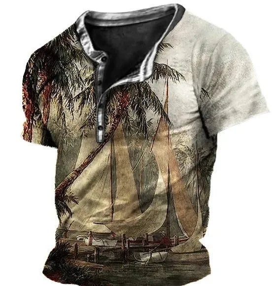 Men's simple lapel button short sleeve sport shirt in polyester bird eye cloth, shown in a neutral colour.