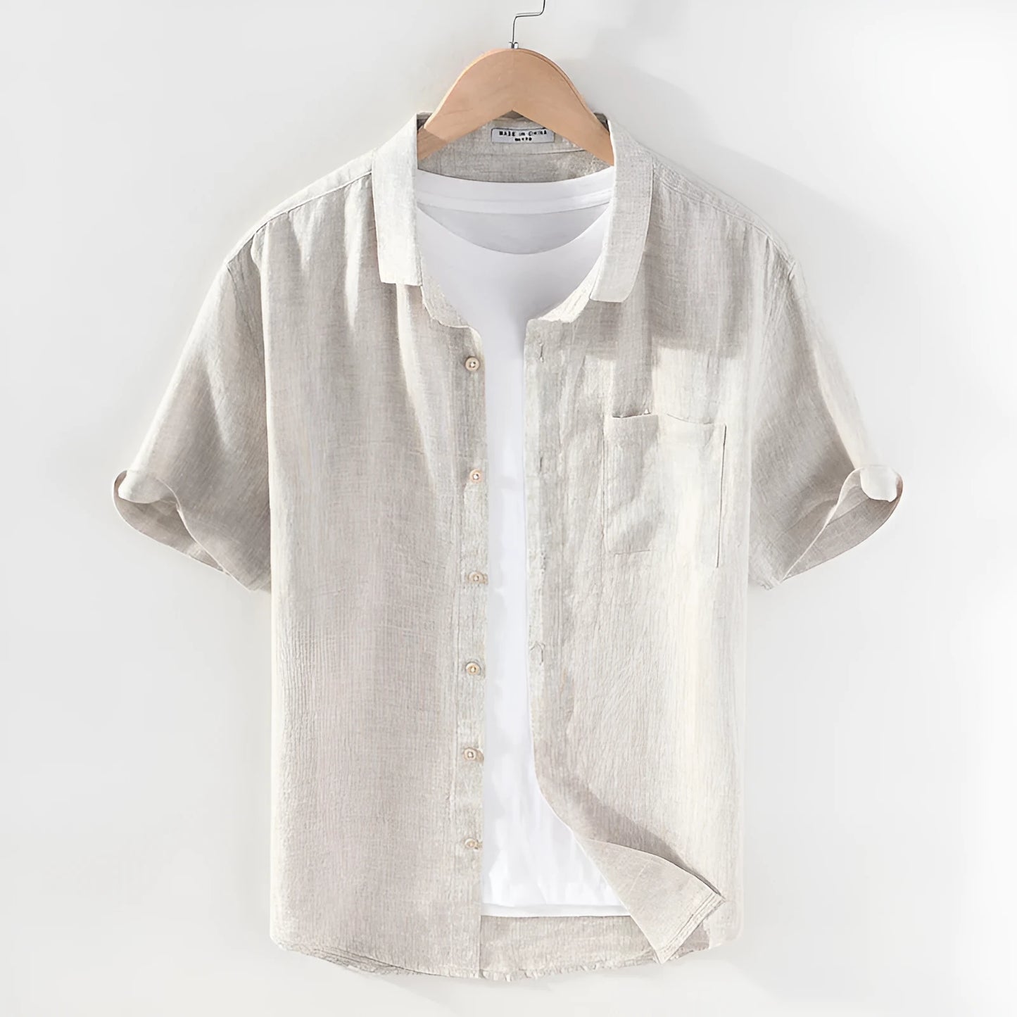 Men's linen short sleeve shirt with square collar in grey or raw jute colour