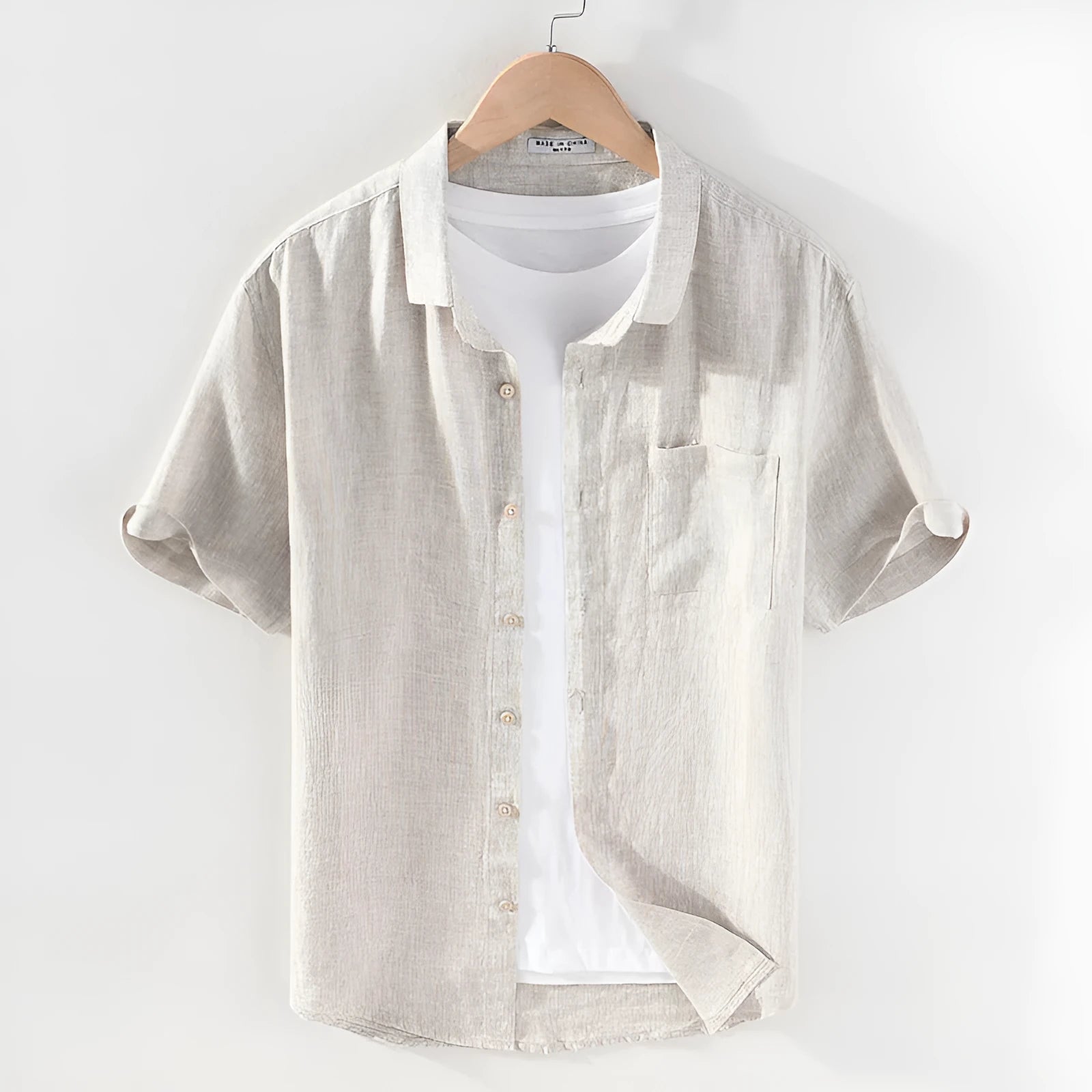 Men's linen short sleeve shirt with square collar in grey or raw jute colour