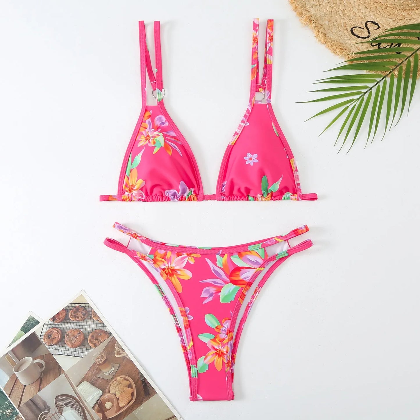 Women's floral printed halter swim briefs set in polyester fabric with multiple colour options
