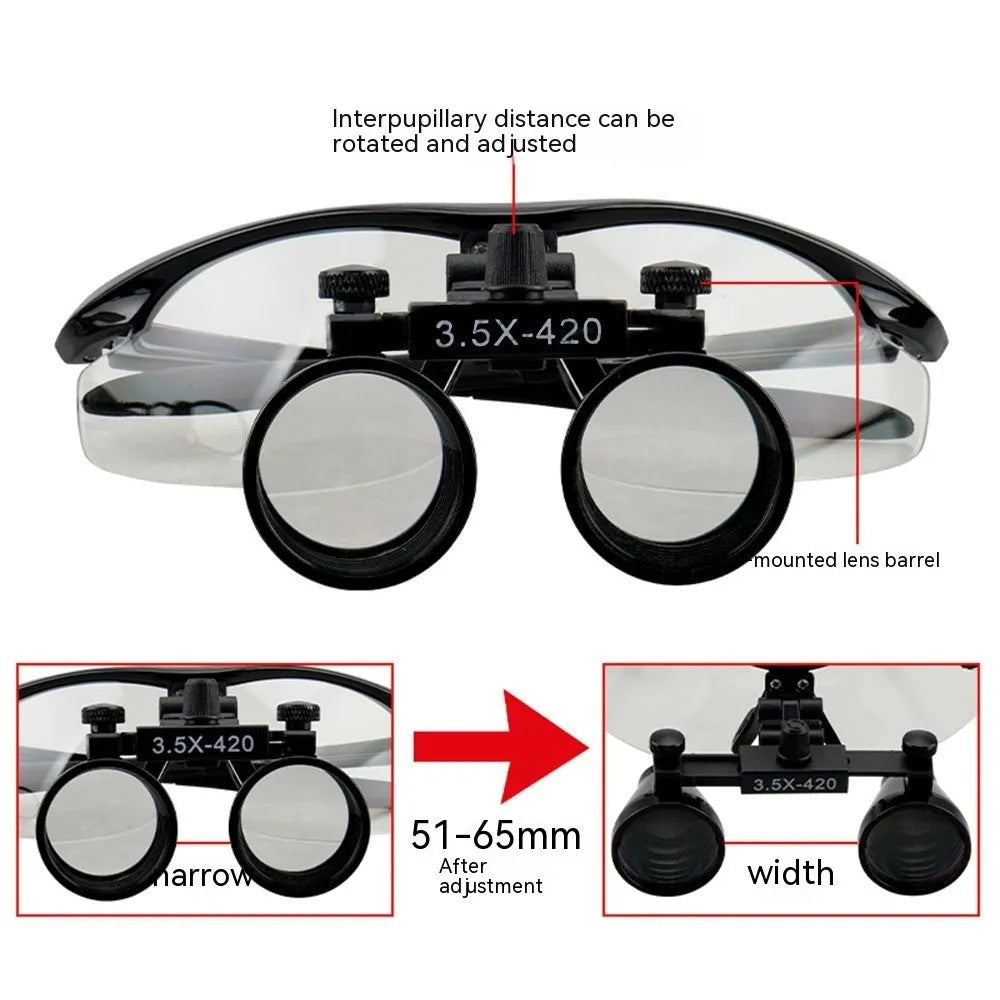 Black plastic head-mounted LED magnifying glass with 3.5X magnification lens for dental and close-up work