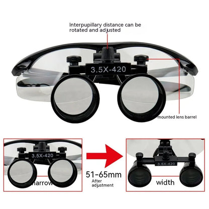 Black plastic head-mounted LED magnifying glass with 3.5X magnification lens for dental and close-up work