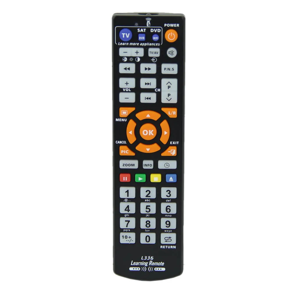 Black L336 full-key universal learning remote control on a white background.