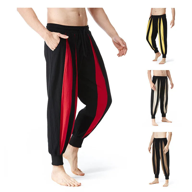 Men's straight-leg polyester casual trousers in red, khaki, yellow or brown colours