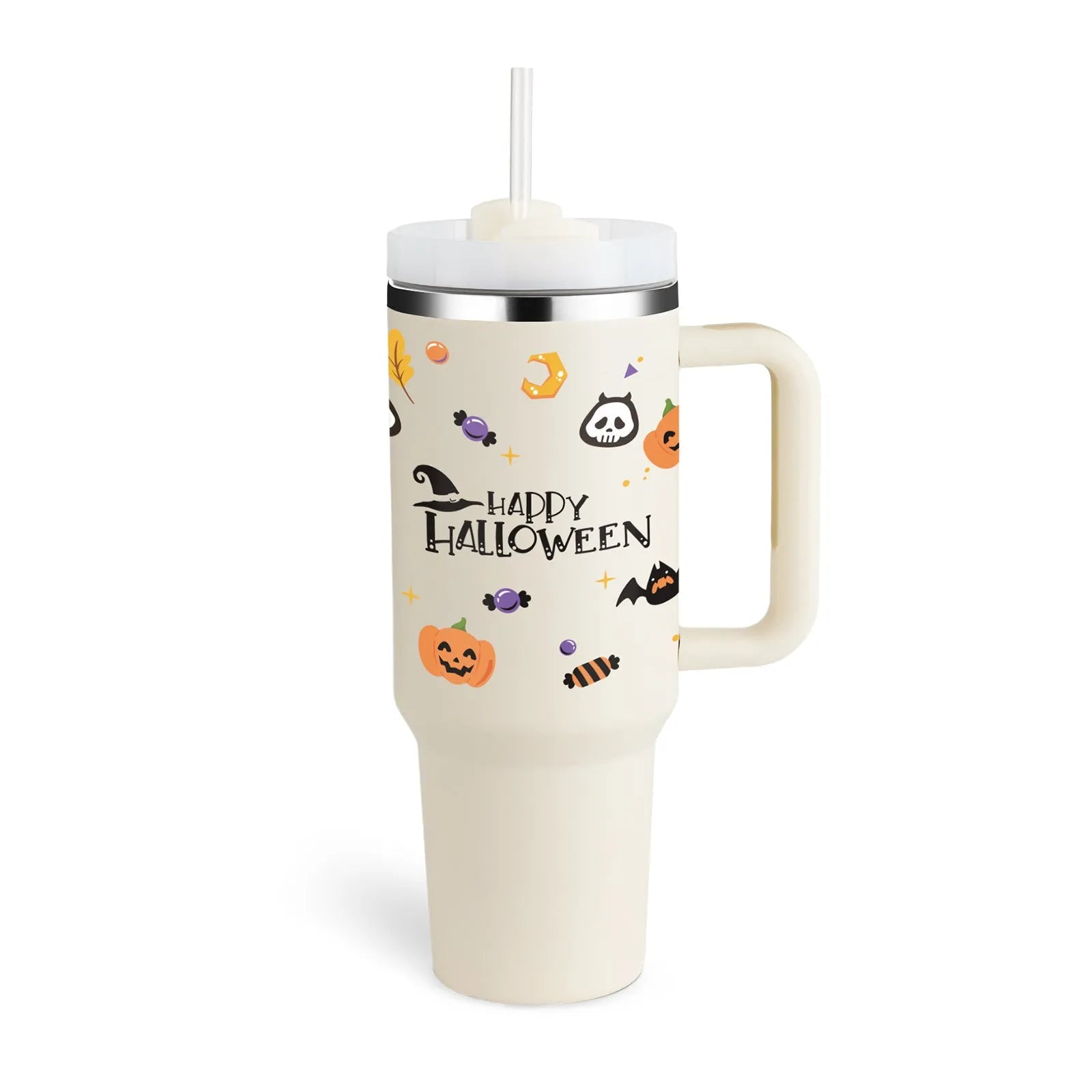 40oz stainless steel tumbler with handle and straw in various colour options showing tapered shape and spill-proof lid