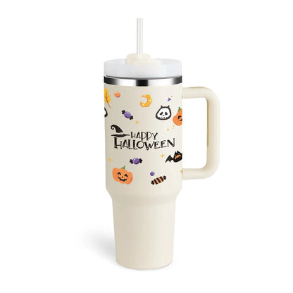 40oz stainless steel tumbler with handle and straw in various colour options showing tapered shape and spill-proof lid