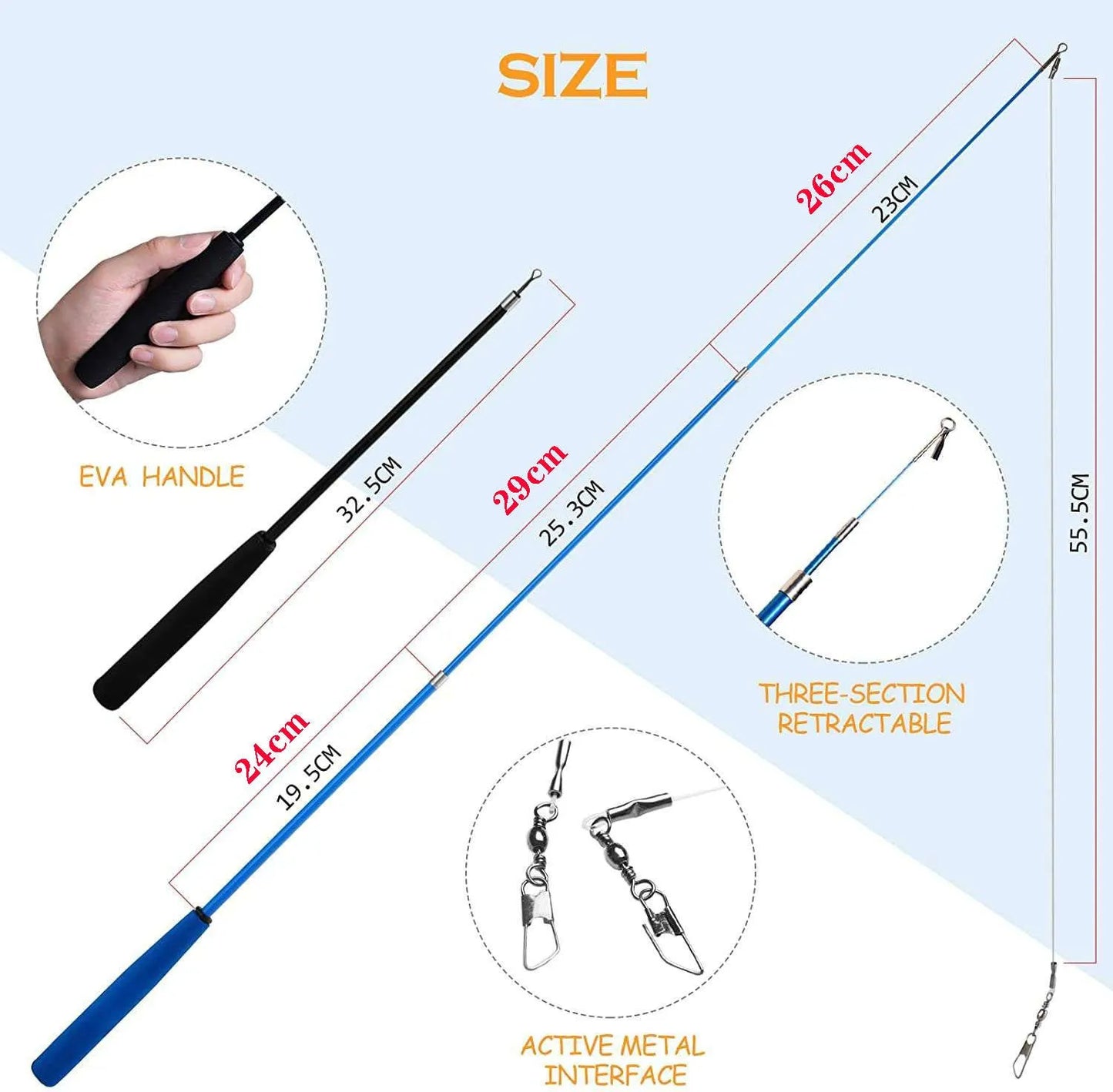 Handheld cat teaser fishing rod with colourful feather head attached to a 50cm long pole