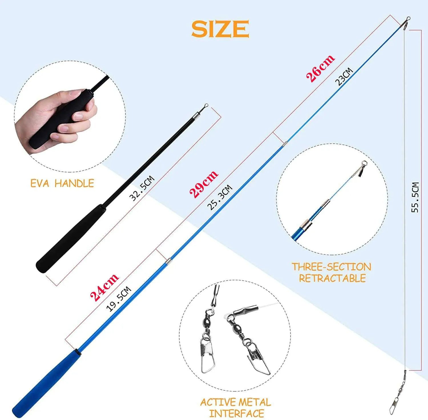 Telescopic cat teasing wand with colourful feather lures on a blue background, showing spare heads and extended length.