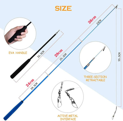 Telescopic cat teasing wand with colourful feather lures on a blue background, showing spare heads and extended length.