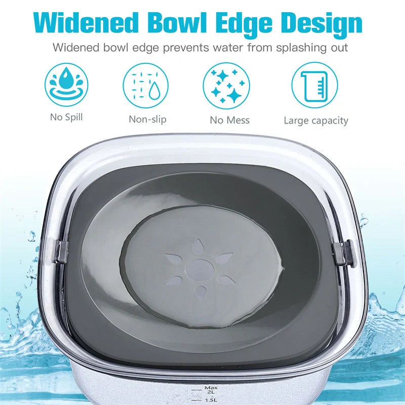 70oz transparent dog water bowl with visible water level and slow drinking feature