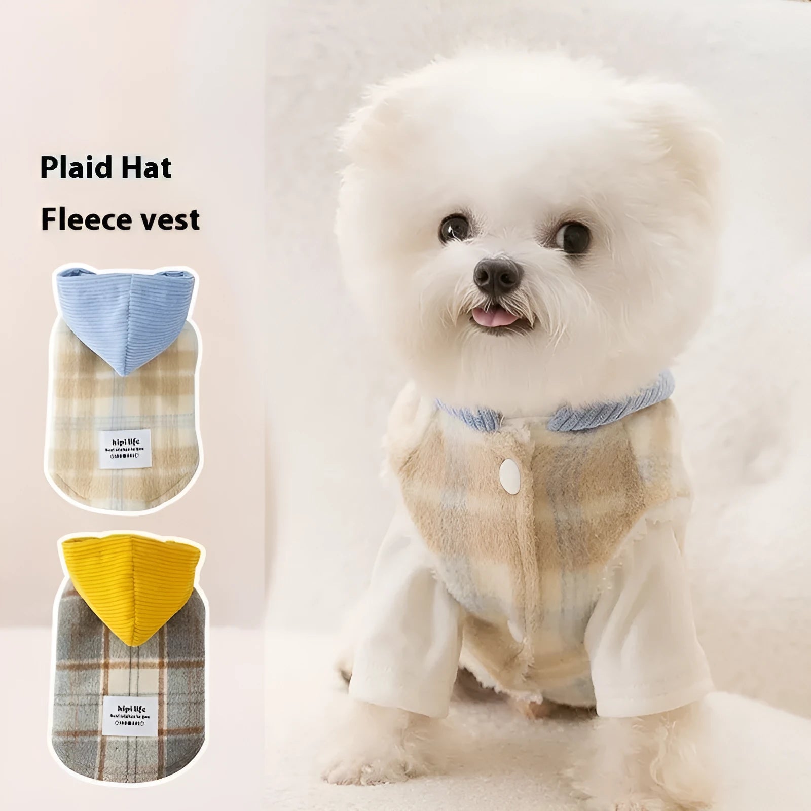 Blue corduroy chessboard grid pet hooded vest with traction hood for dog