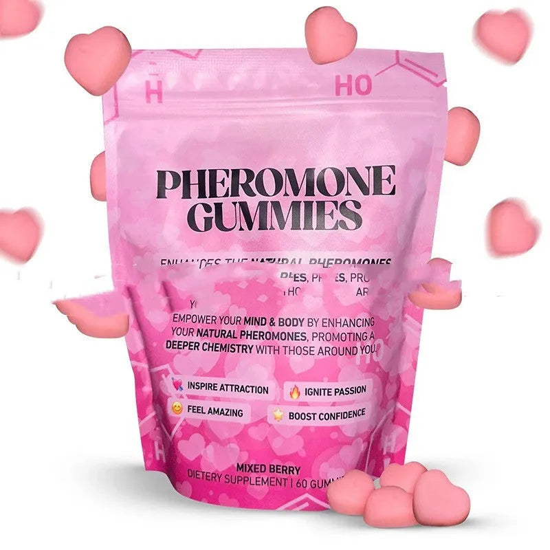 Sealed container holding 60 pheromone soft candies for adult personal use.