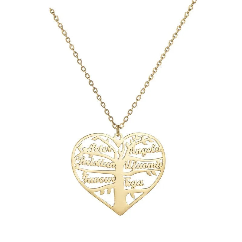 Personalised heart tree necklace with custom name engraving in titanium steel