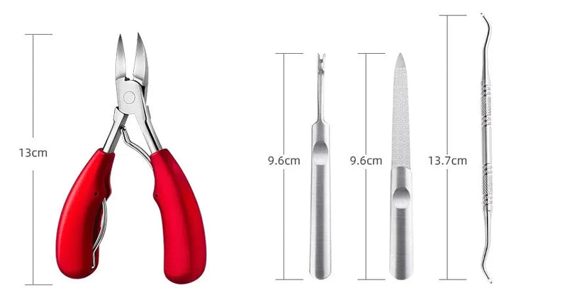 Professional stainless steel nail clippers set with ABS handles in multiple colours including red, blue and black, suitable for personal grooming and salon use, featuring red trumpet, black olecranon dead skin scissors and red olecranon dead skin scissors